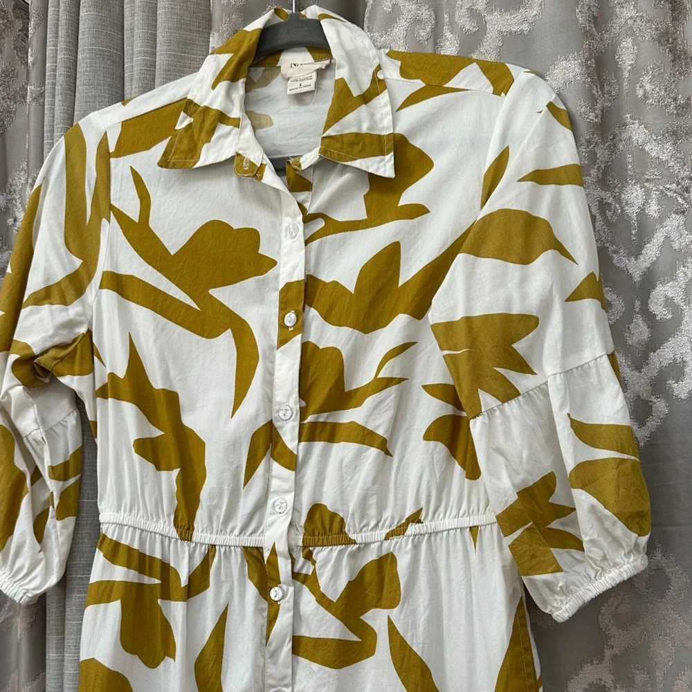 Naoo Floral White and Gold Button-Down Cotton Short Sleeve Dress Size Large - Picture 4 of 7